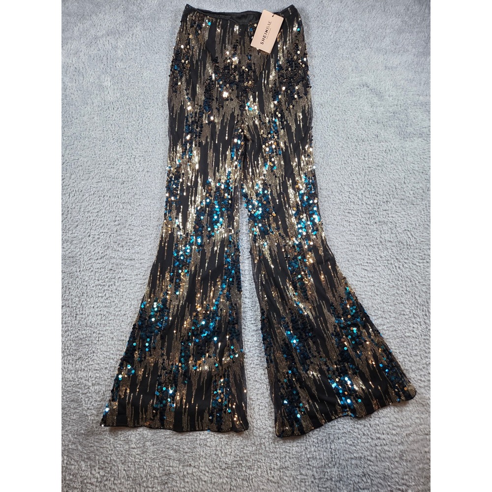 SHEINBAE Sequin Flare Pants XS Black Gold Teal Womens High Waist Party Trousers - Picture 2 of 10